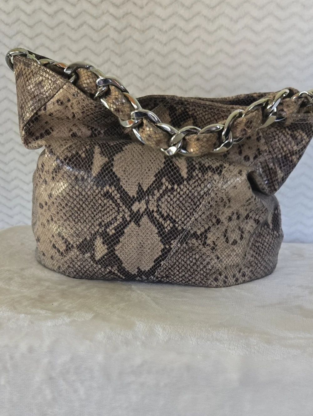 Micheal Kors Snake-Print Brown Shoulder Bag with Chain Handle